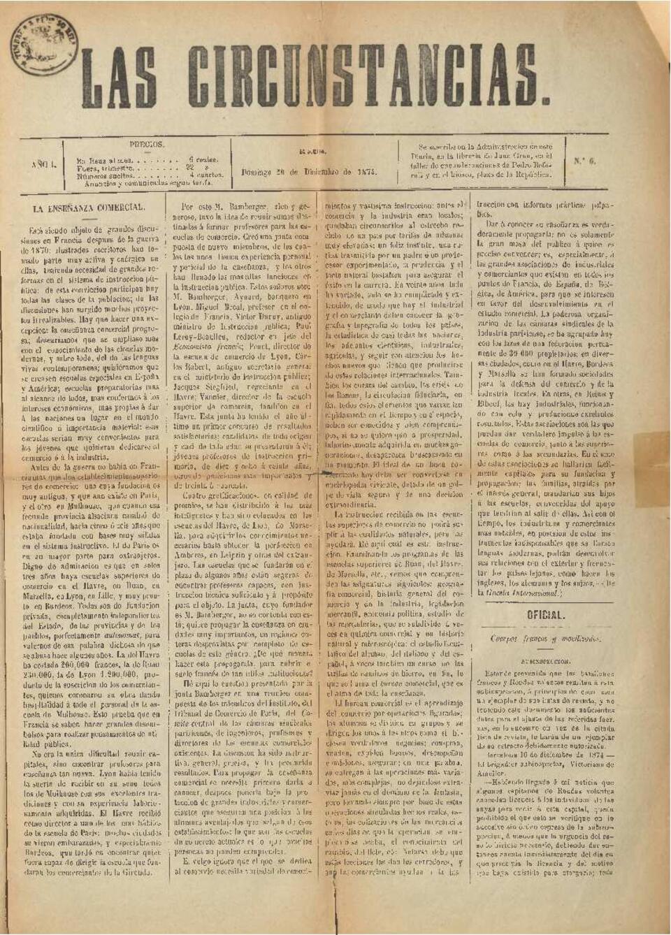Las Circunstancias, n&uacute;m. 6, 20/12/1874 [Exemplar]