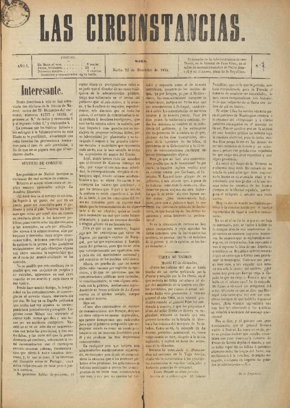 Las Circunstancias, n&uacute;m. 7, 22/12/1874 [Exemplar]