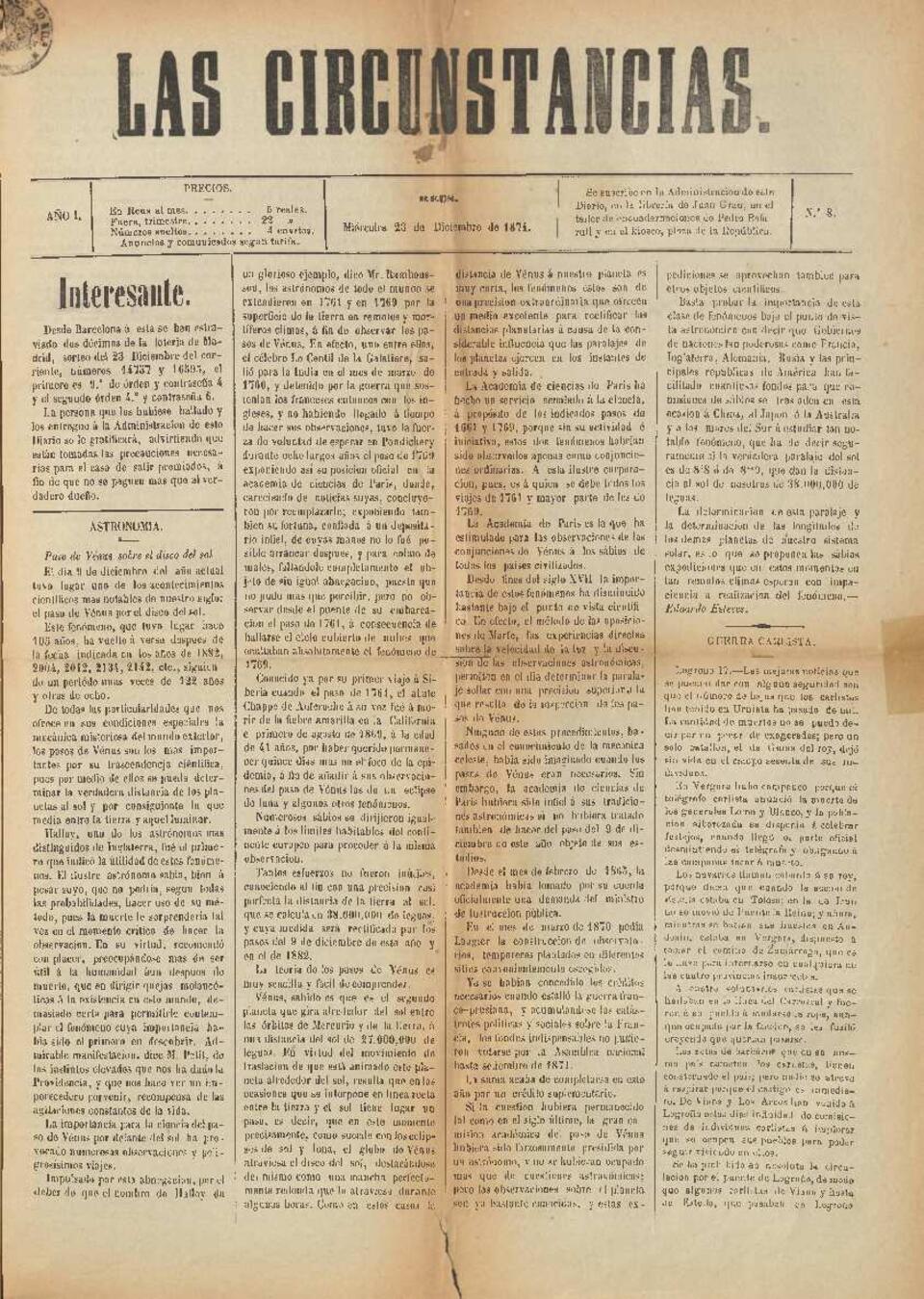 Las Circunstancias, n&uacute;m. 8, 23/12/1874 [Exemplar]