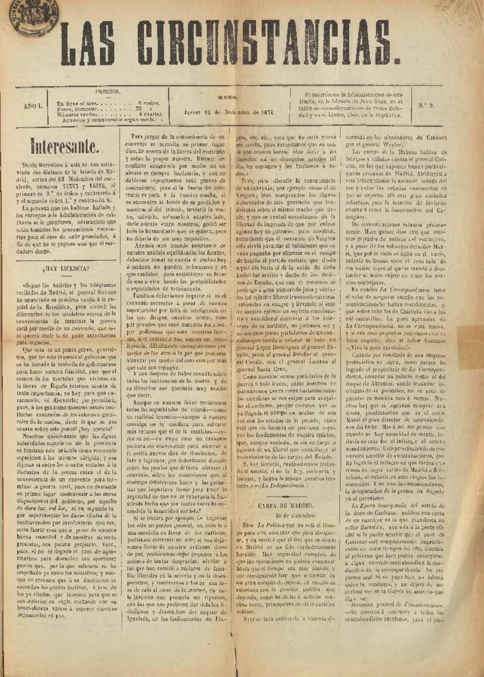 Las Circunstancias, n&uacute;m. 9, 24/12/1874 [Exemplar]
