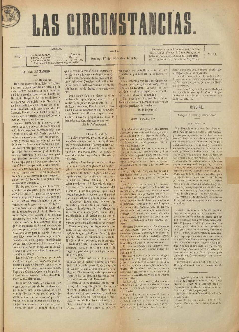 Las Circunstancias, n&uacute;m. 11, 27/12/1874 [Exemplar]