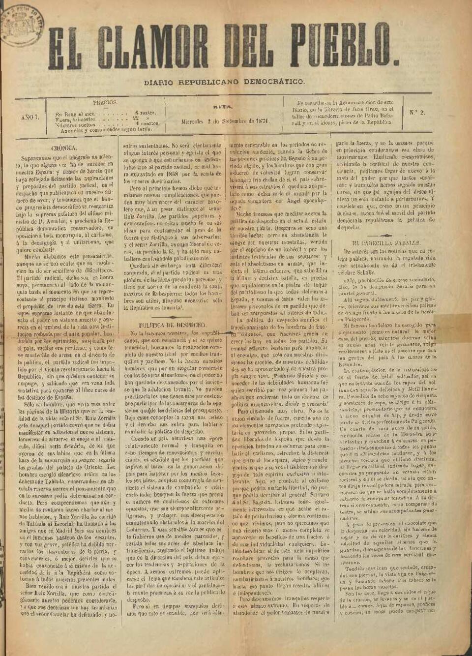 El Clamor del pueblo, n&uacute;m. 2, 2/9/1874 [Exemplar]