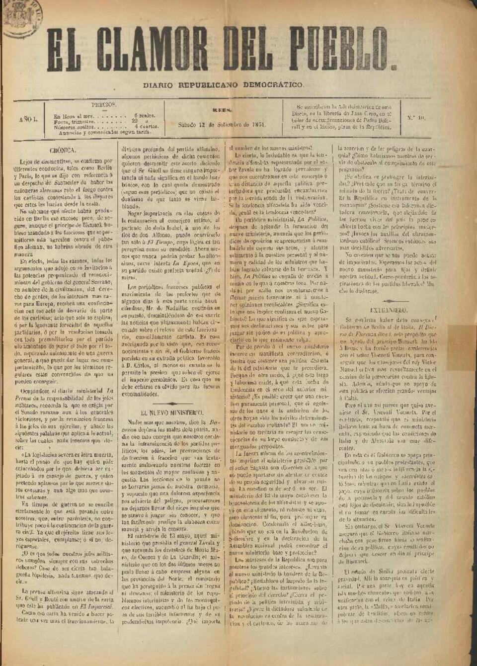 El Clamor del pueblo, n&uacute;m. 10, 12/9/1874 [Exemplar]