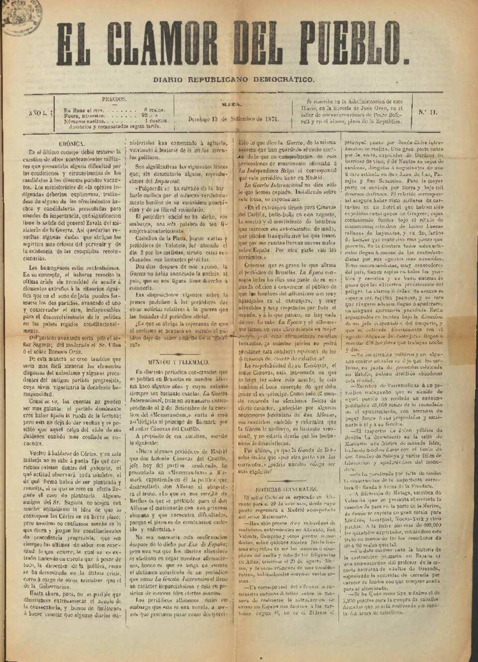 El Clamor del pueblo, n&uacute;m. 11, 13/9/1874 [Exemplar]
