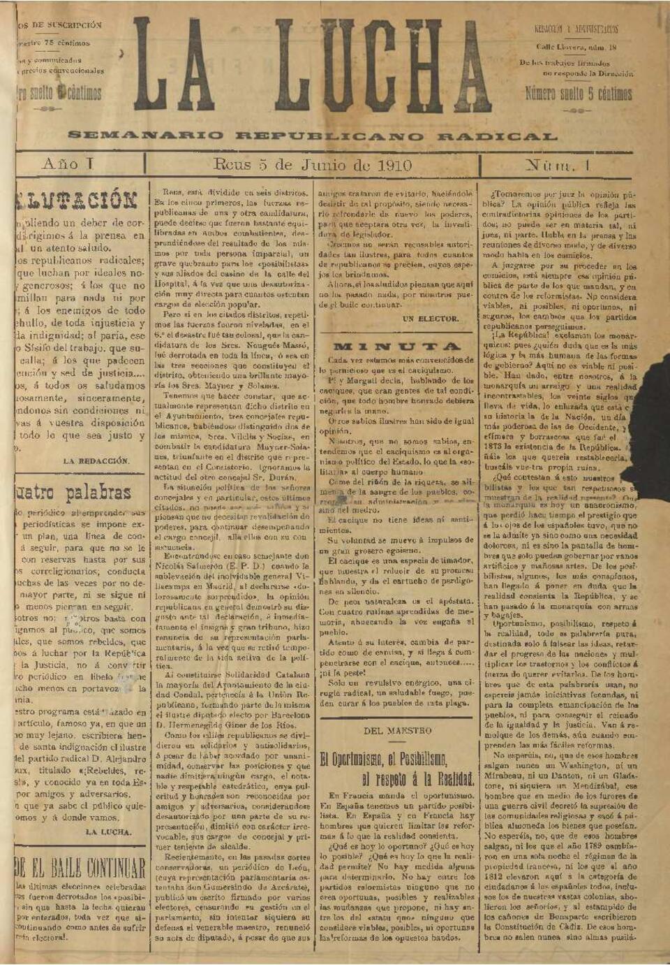La Lucha : Semanario Republicano Radical, n&uacute;m. 1, 5/6/1910 [Exemplar]