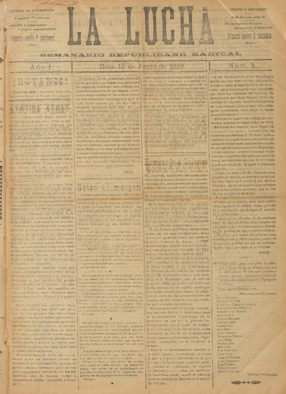 La Lucha : Semanario Republicano Radical, n&uacute;m. 2, 12/6/1910 [Exemplar]