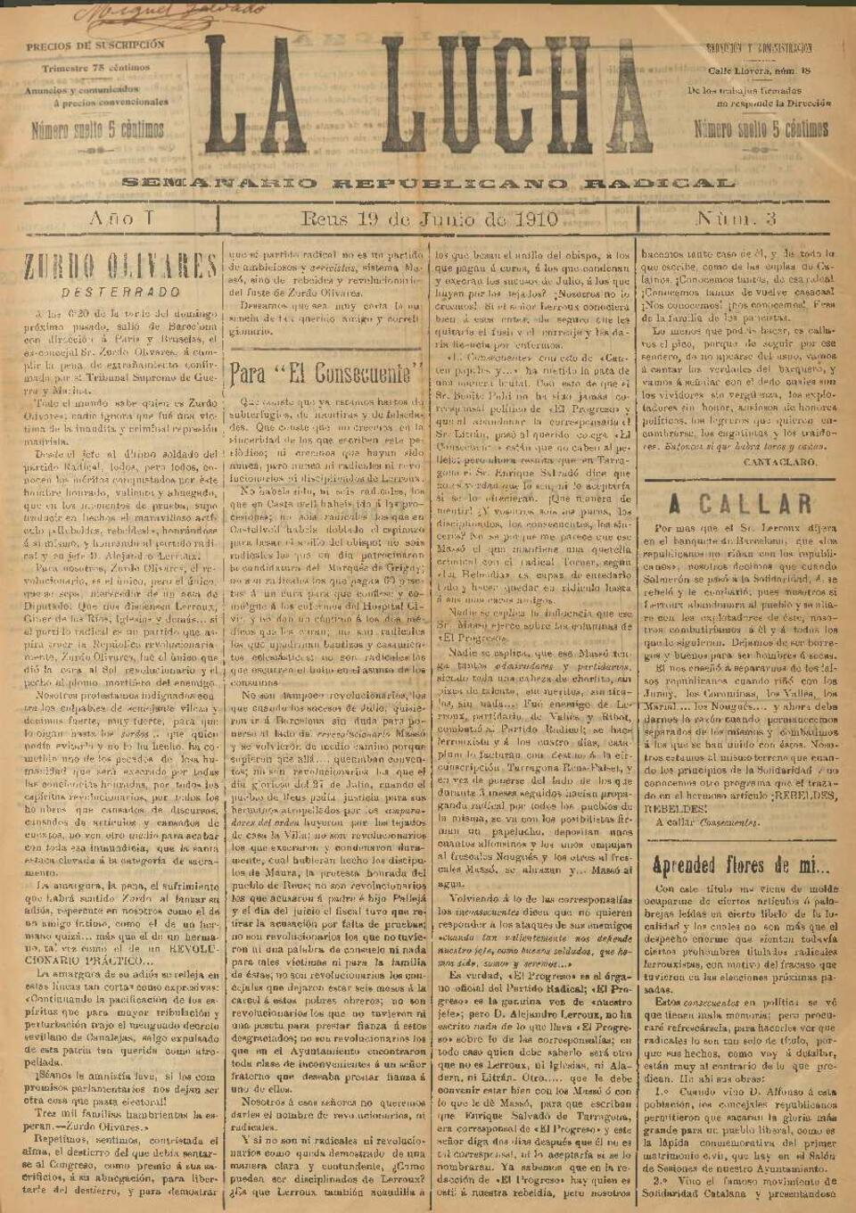 La Lucha : Semanario Republicano Radical, n&uacute;m. 3, 19/6/1910 [Exemplar]