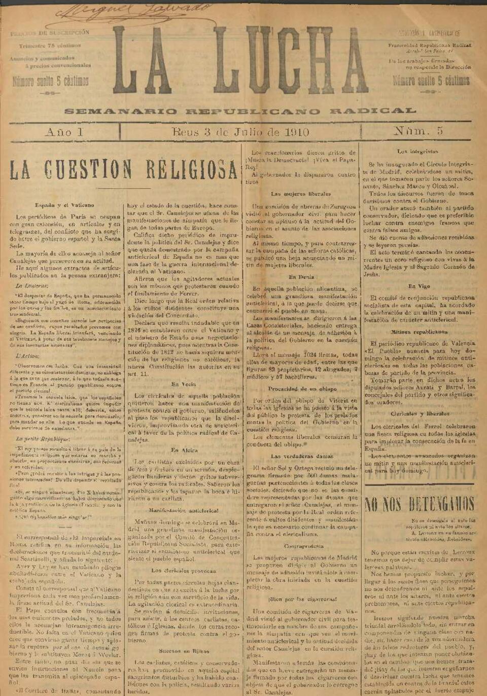 La Lucha : Semanario Republicano Radical, n&uacute;m. 5, 3/7/1910 [Exemplar]