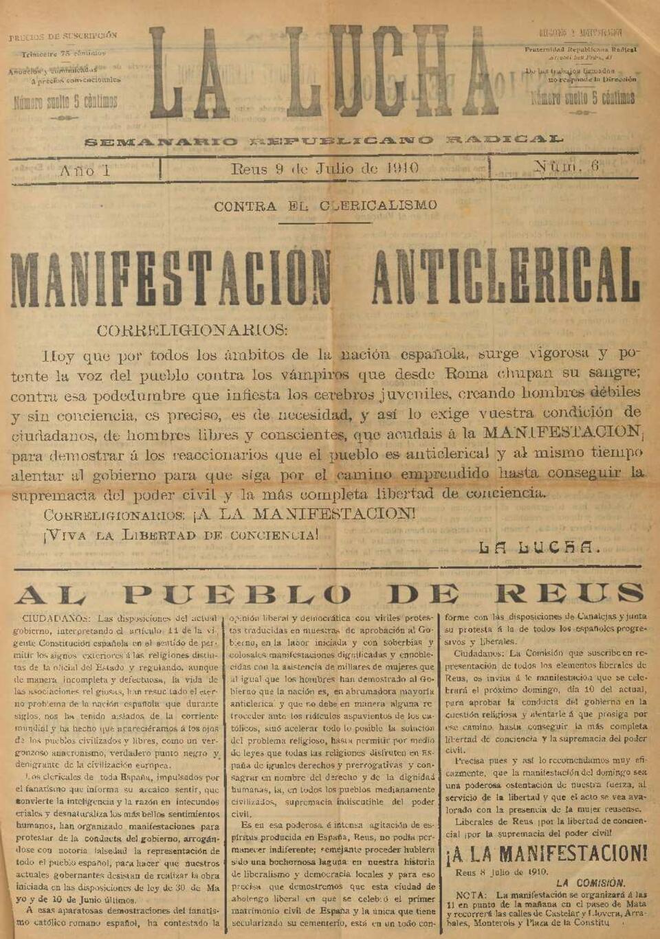 La Lucha : Semanario Republicano Radical, n&uacute;m. 6, 9/7/1910 [Exemplar]
