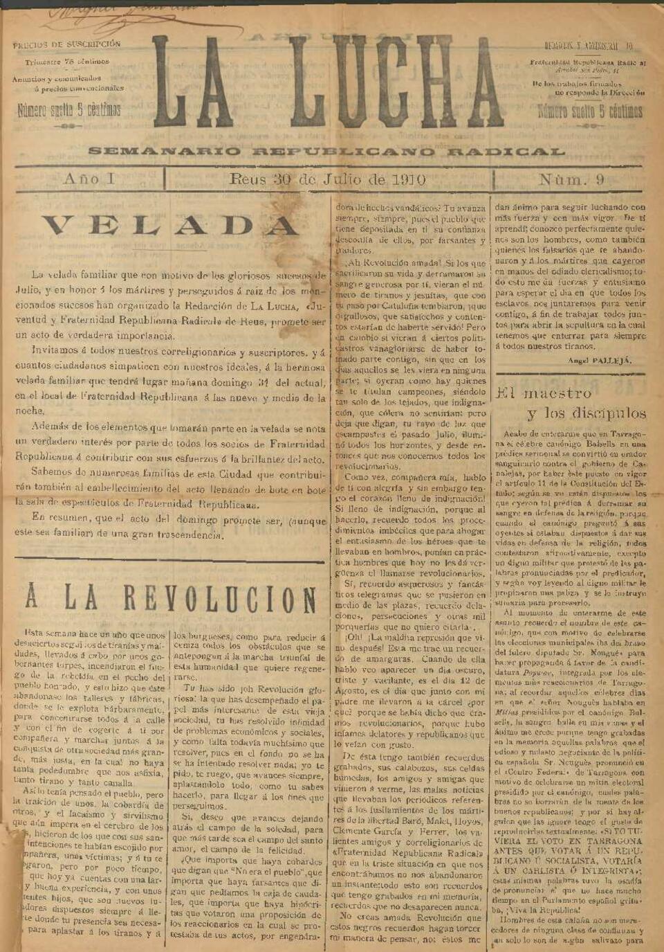 La Lucha : Semanario Republicano Radical, n&uacute;m. 9, 30/7/1910 [Exemplar]