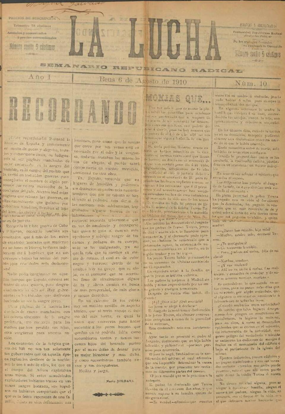 La Lucha : Semanario Republicano Radical, n&uacute;m. 10, 6/8/1910 [Exemplar]