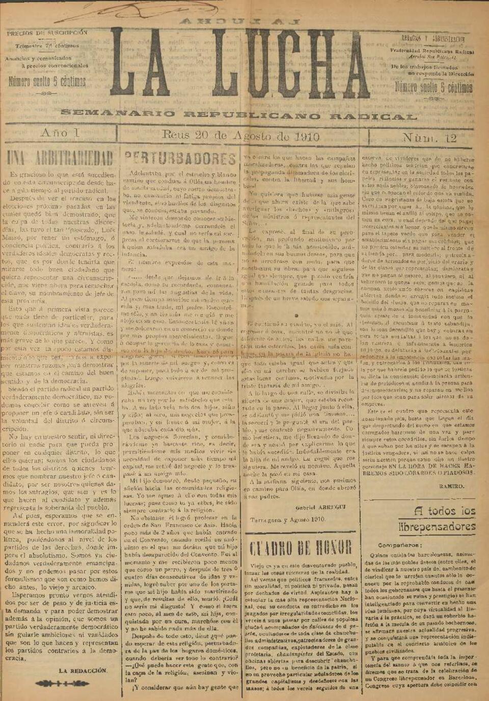 La Lucha : Semanario Republicano Radical, n&uacute;m. 12, 20/8/1910 [Exemplar]