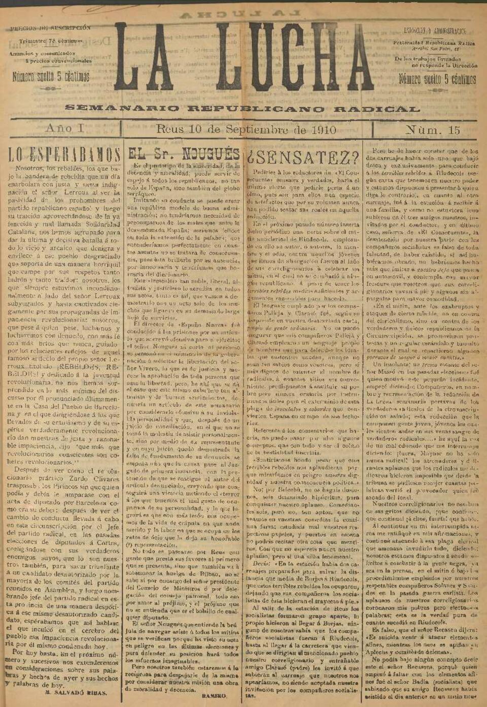 La Lucha : Semanario Republicano Radical, n&uacute;m. 15, 10/9/1910 [Exemplar]
