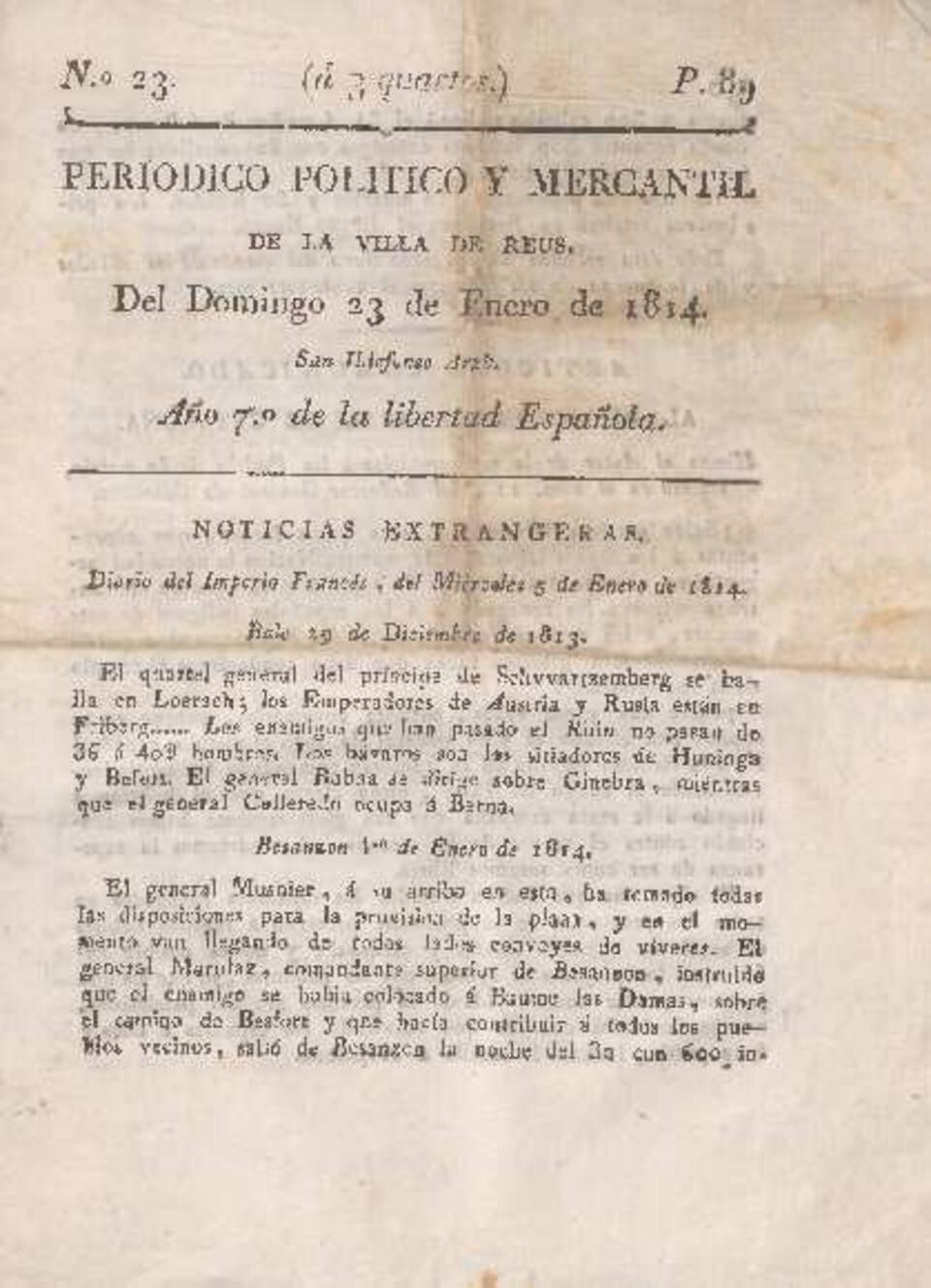Centinela de la Patria en Reus, #23, 23/1/1814 [Issue]