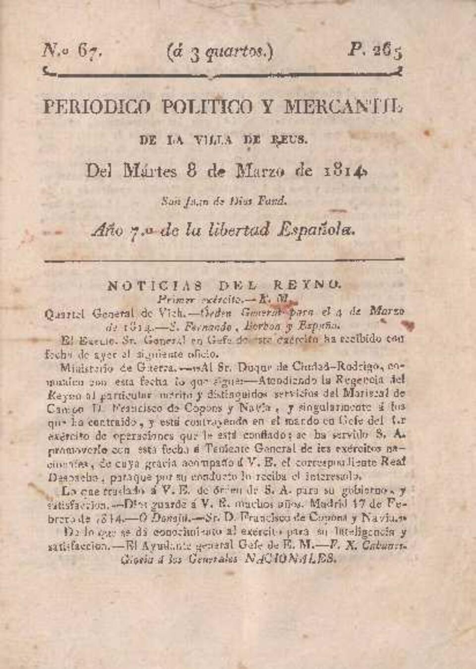 Centinela de la Patria en Reus, n.º 67, 8/3/1814 [Ejemplar]