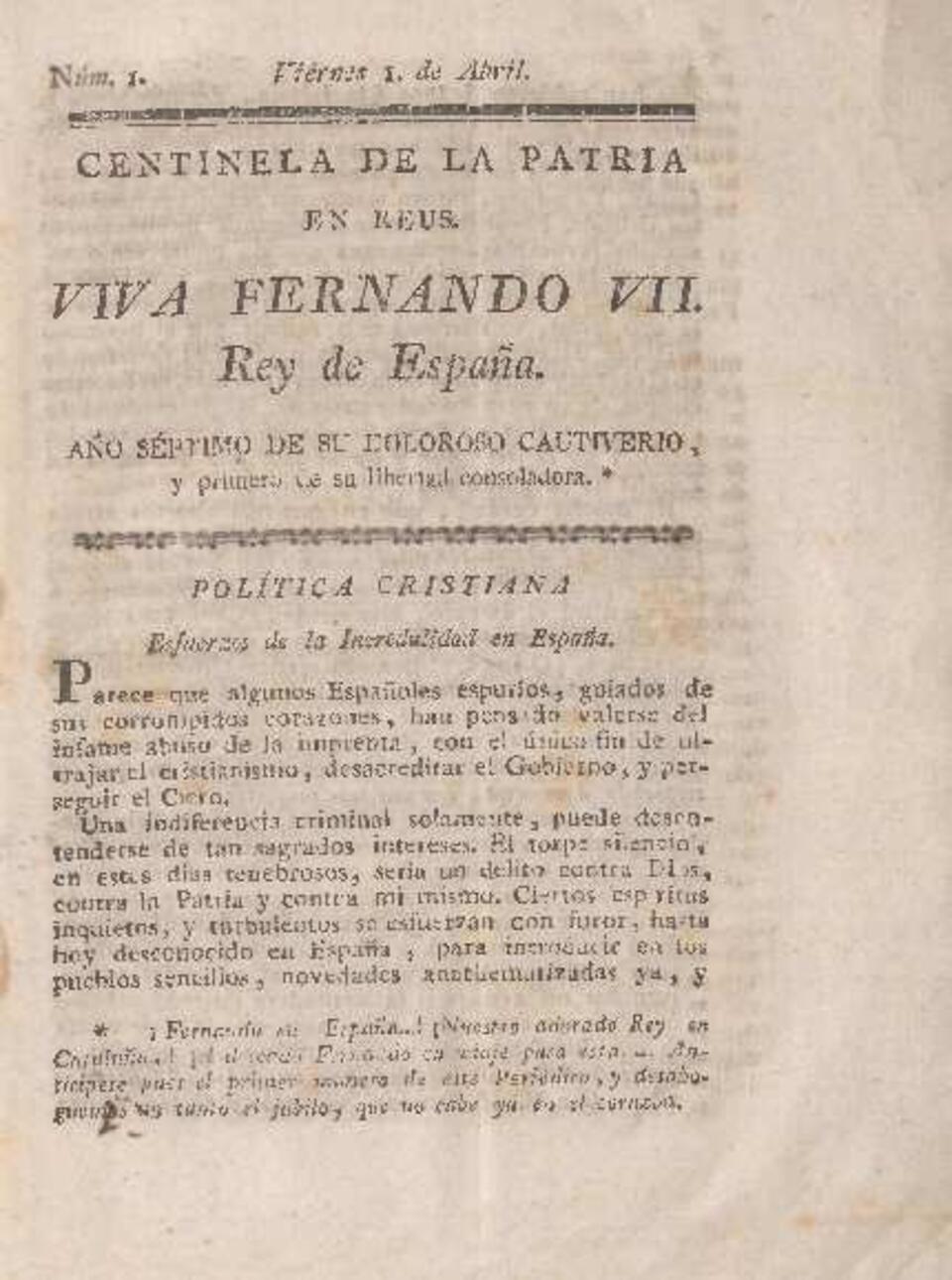 Centinela de la Patria en Reus, n.º 1, 1/4/1814 [Ejemplar]