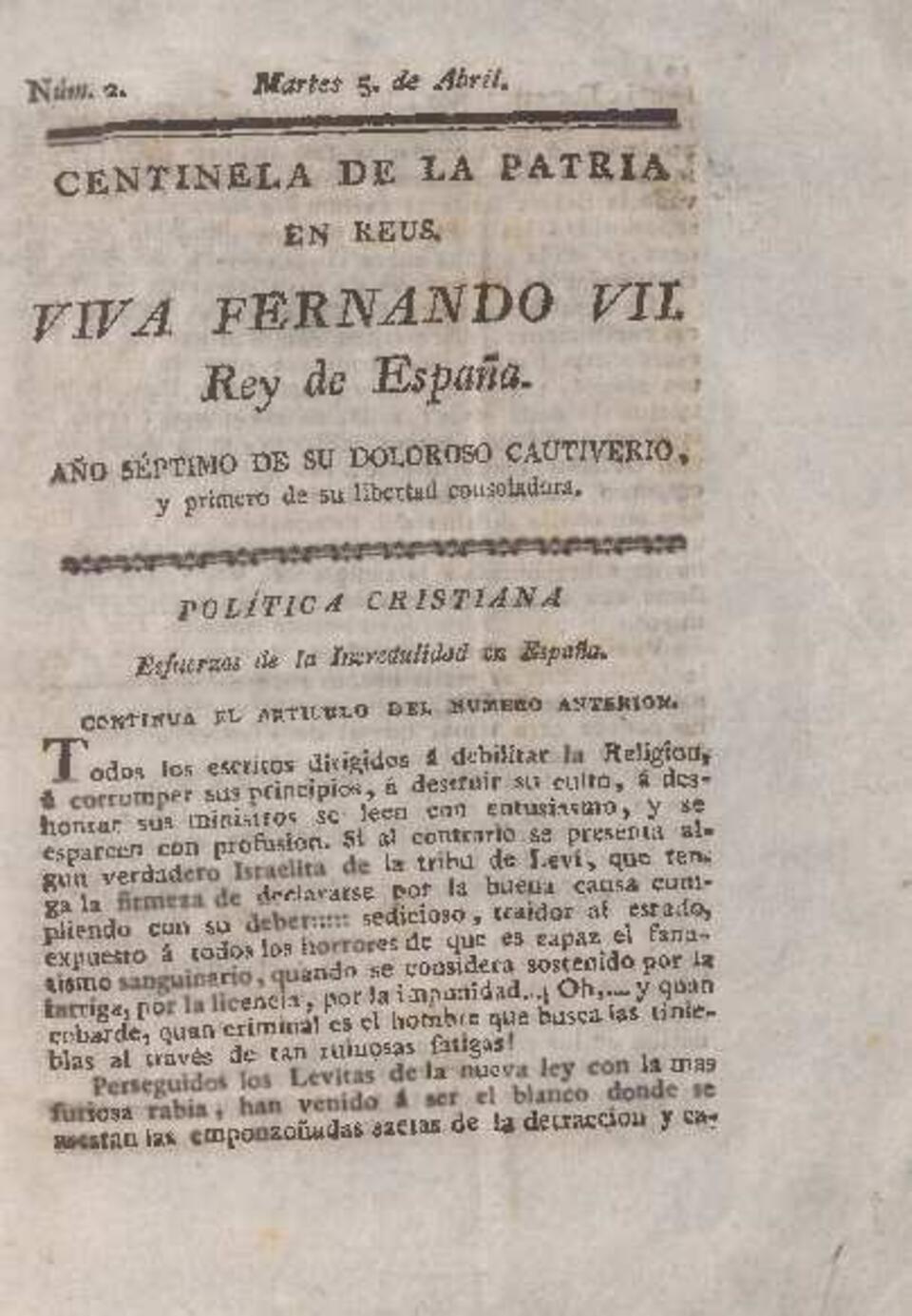 Centinela de la Patria en Reus, #2, 5/4/1814 [Issue]