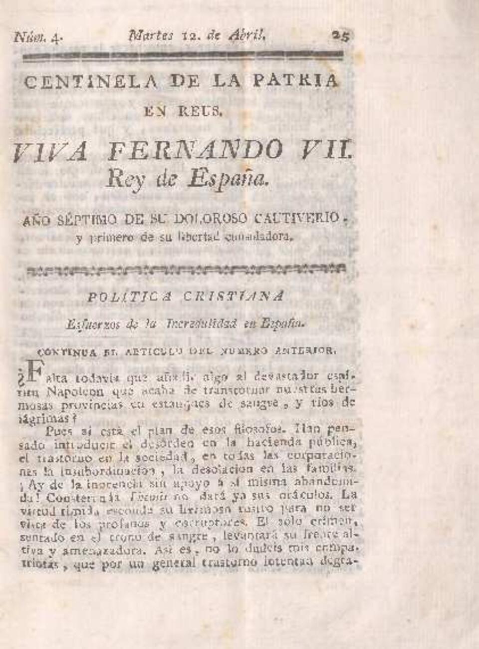 Centinela de la Patria en Reus, #4, 12/4/1814 [Issue]