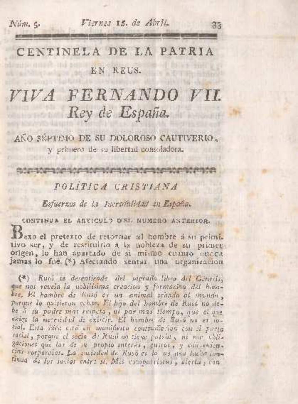 Centinela de la Patria en Reus, n.º 5, 15/4/1814 [Ejemplar]