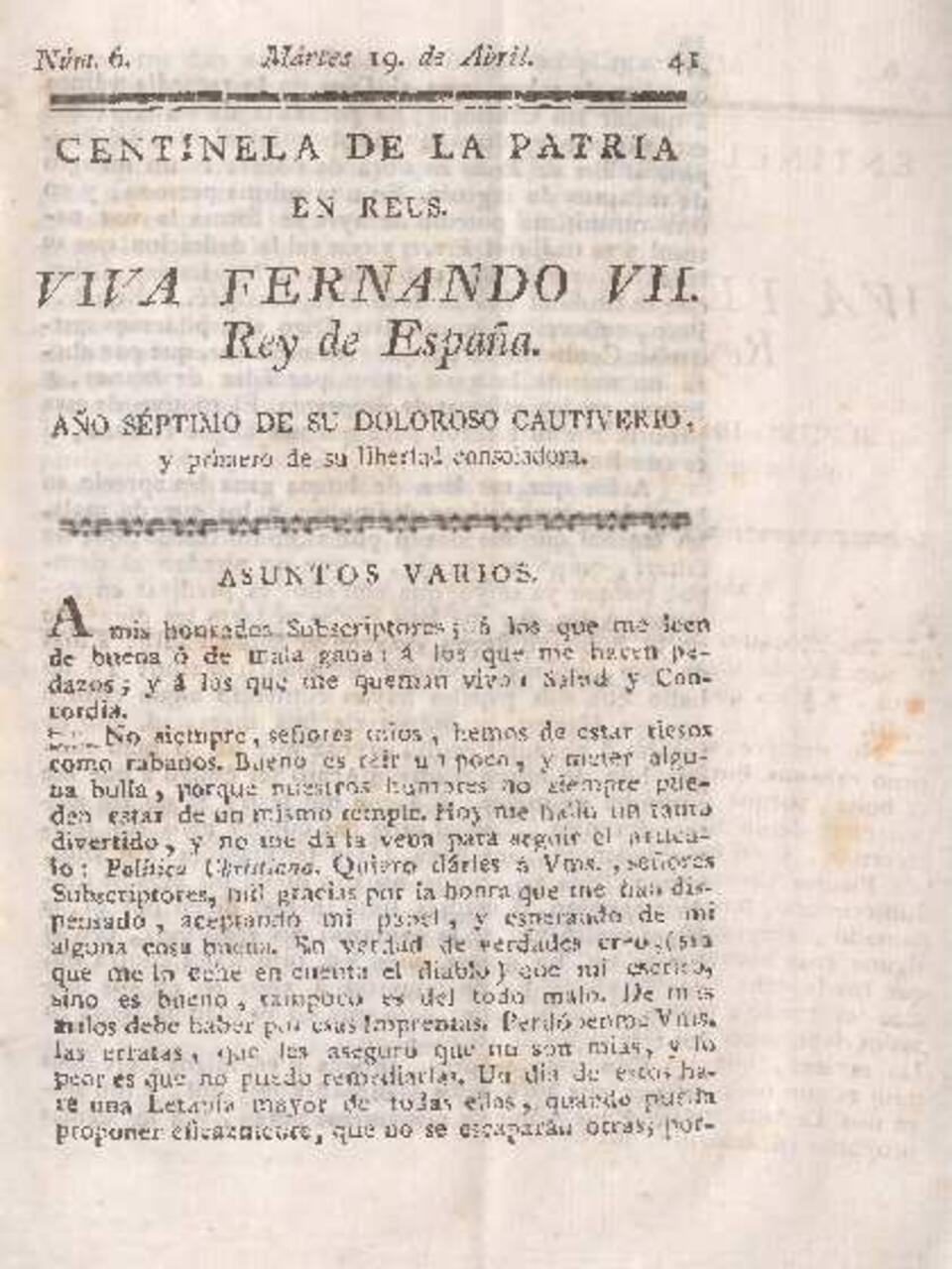 Centinela de la Patria en Reus, #6, 19/4/1814 [Issue]