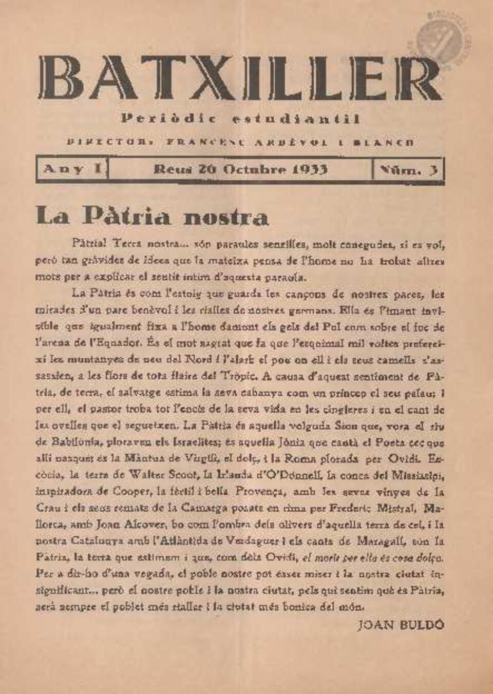 Batxiller, n.&ordm; 3, 26/10/1933 [Ejemplar]