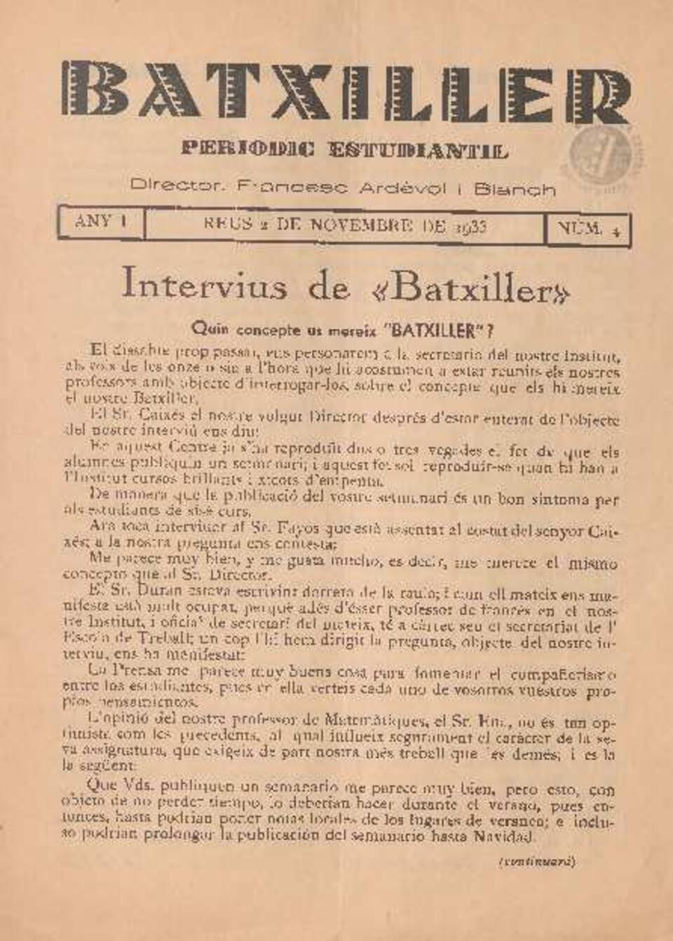 Batxiller, n.&ordm; 4, 2/11/1933 [Ejemplar]