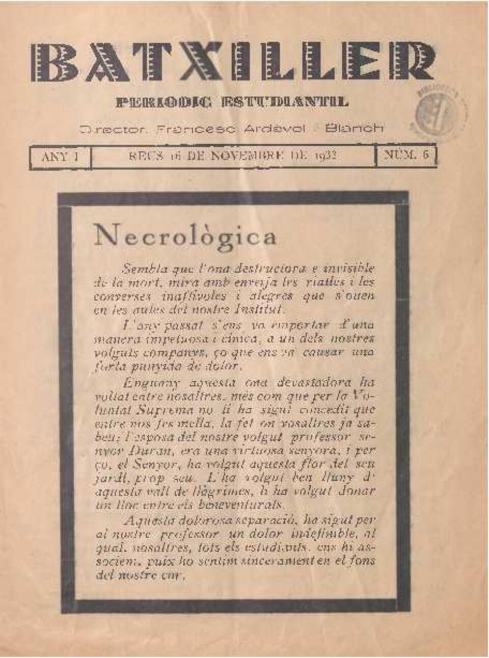 Batxiller, n.&ordm; 6, 16/11/1933 [Ejemplar]