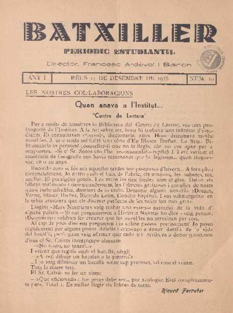 Batxiller, n.&ordm; 10, 14/12/1933 [Ejemplar]