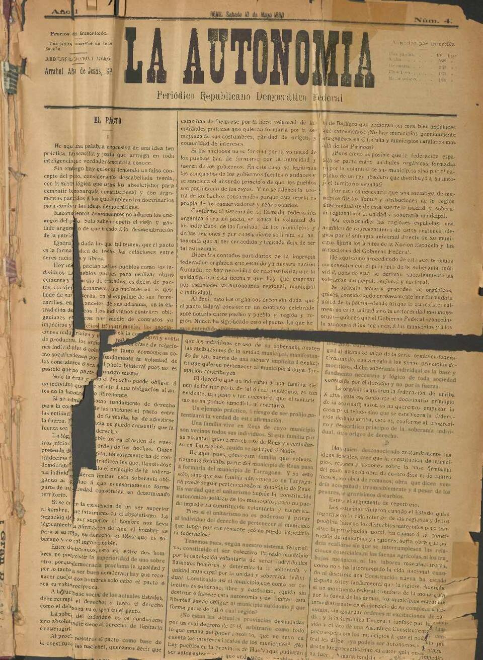 La Autonomía : periódico republicano democrático federal, núm. 4, 10/5/1890 [Exemplar]