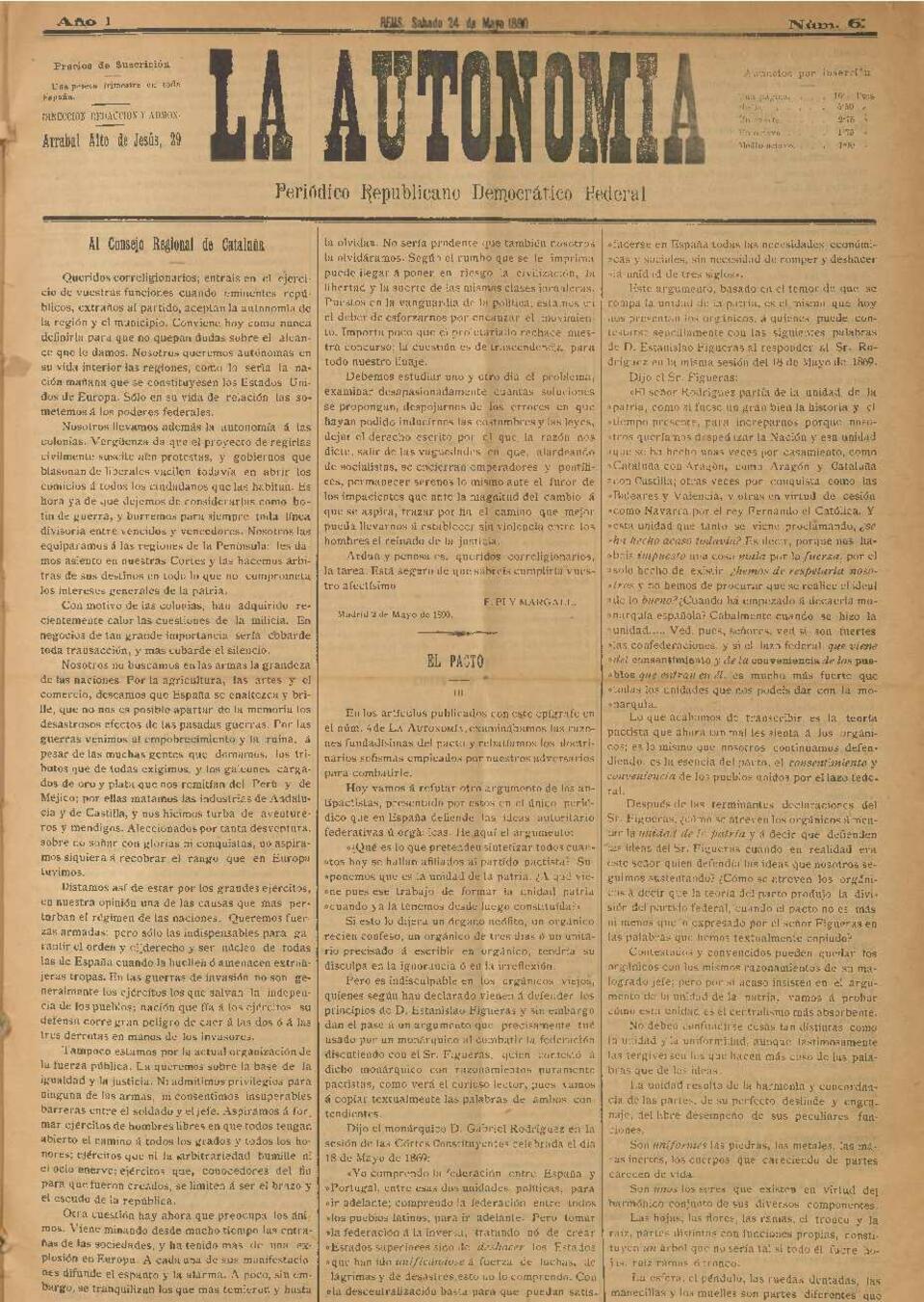 La Autonomía : periódico republicano democrático federal, núm. 6, 24/5/1890 [Exemplar]