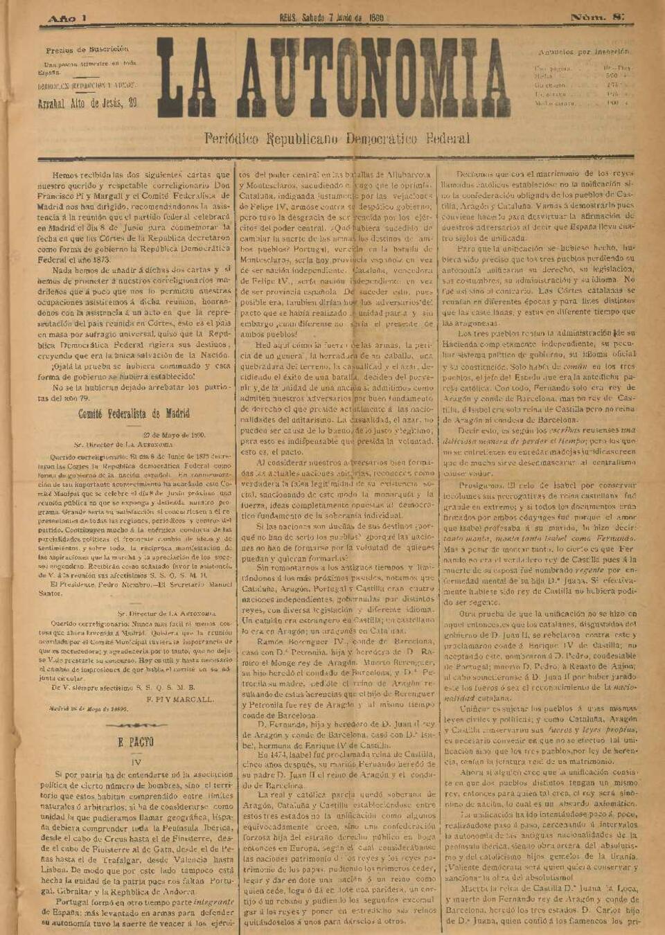 La Autonomía : periódico republicano democrático federal, núm. 8, 7/6/1890 [Exemplar]