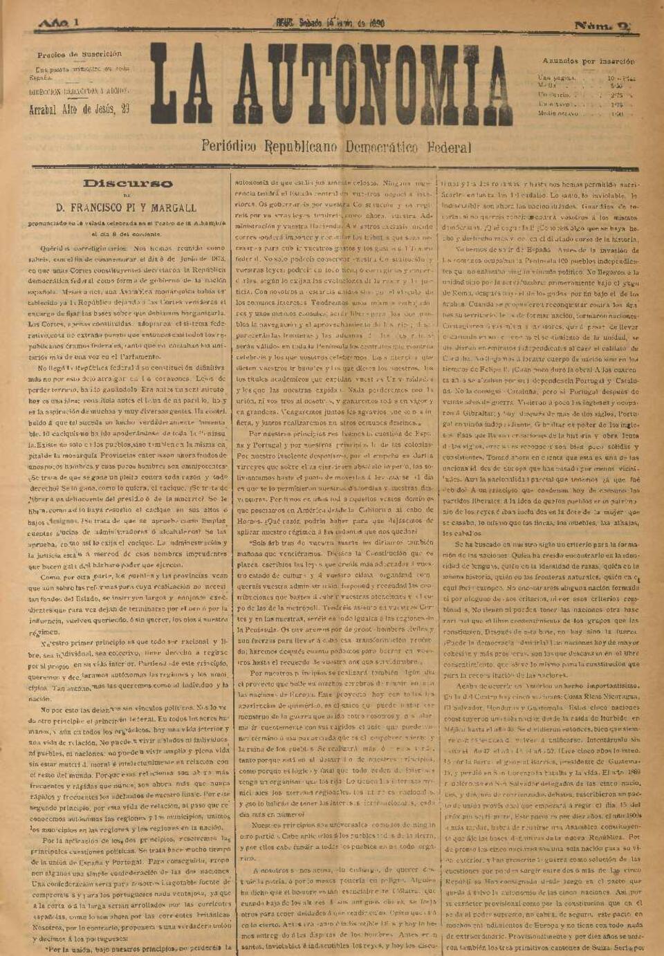 La Autonomía : periódico republicano democrático federal, núm. 9, 14/6/1890 [Exemplar]