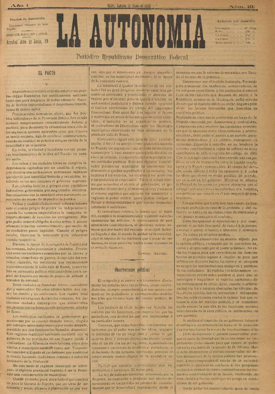 La Autonomía : periódico republicano democrático federal, núm. 10, 21/6/1890 [Exemplar]