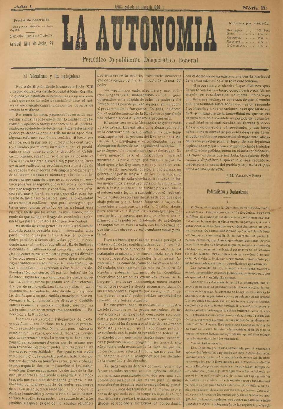La Autonomía : periódico republicano democrático federal, núm. 11, 28/6/1890 [Exemplar]