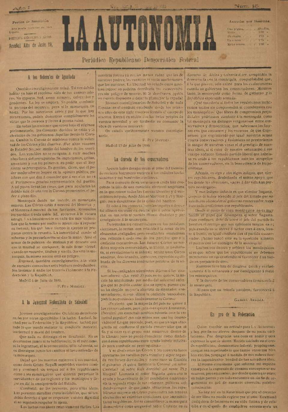 La Autonomía : periódico republicano democrático federal, núm. 16, 26/7/1890 [Exemplar]